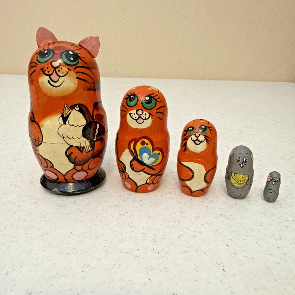 Orange Cat Hand Painted Russian Nesting Wooden Doll Set With Mouse 5 Piece